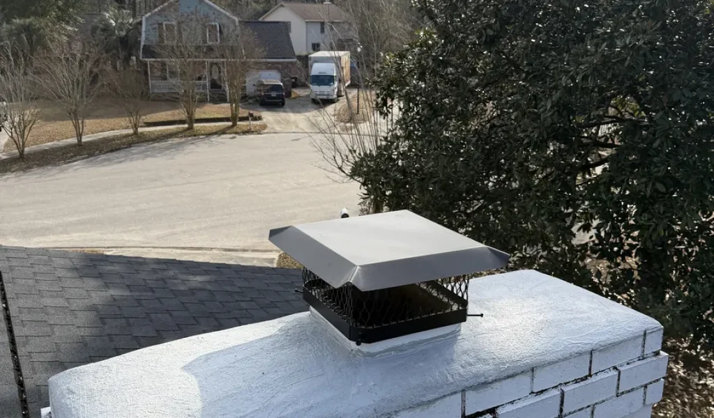 New stainless chimney cap on a freshly painted white chase