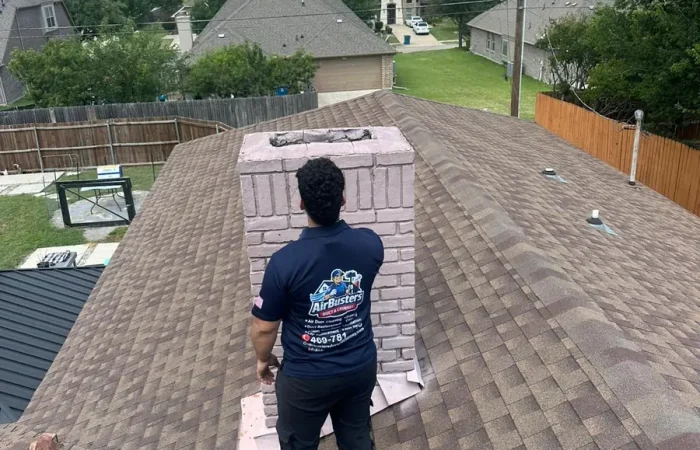 Air Busters technician working on a rooftop brick chimney in a DFW neighborhood
