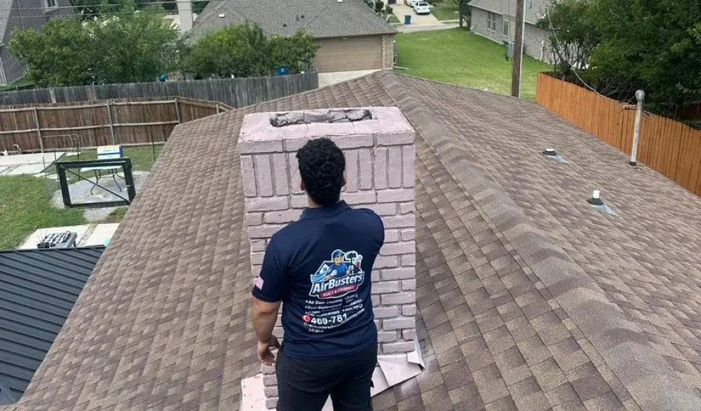 Air Busters technician working on a rooftop brick chimney in a DFW neighborhood