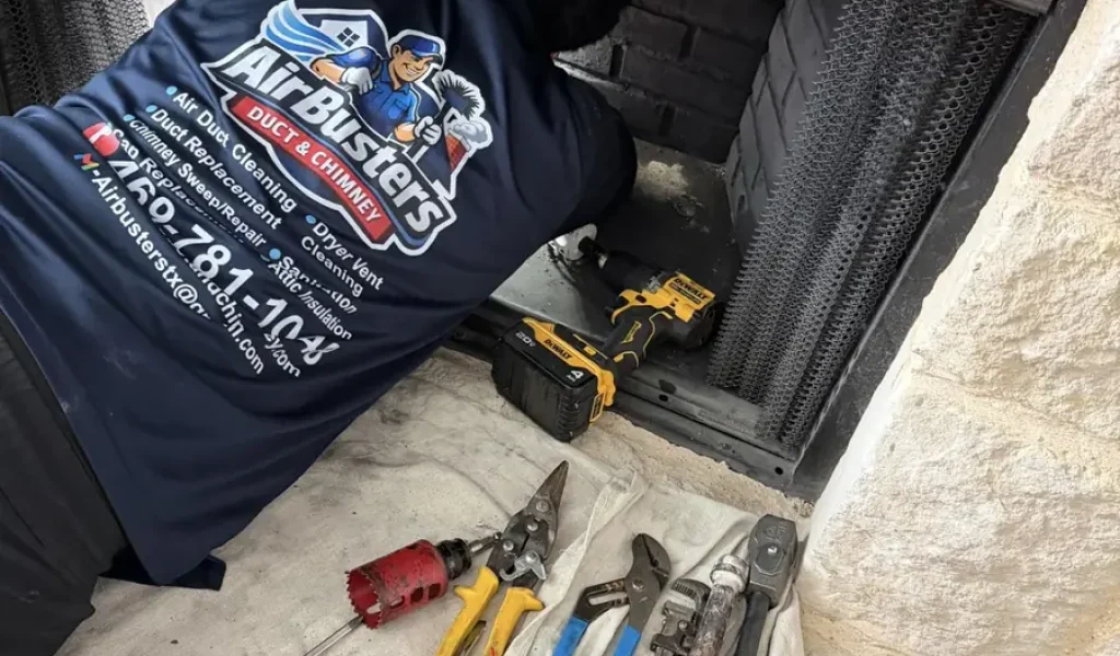 Air Busters technician cleaning a fireplace and chimney in a DFW home