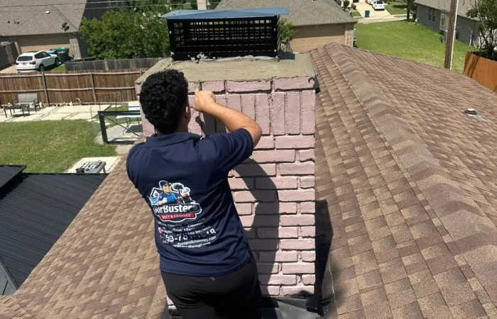 Air Busters technician repairing a brick chimney on a rooftop in the DFW area