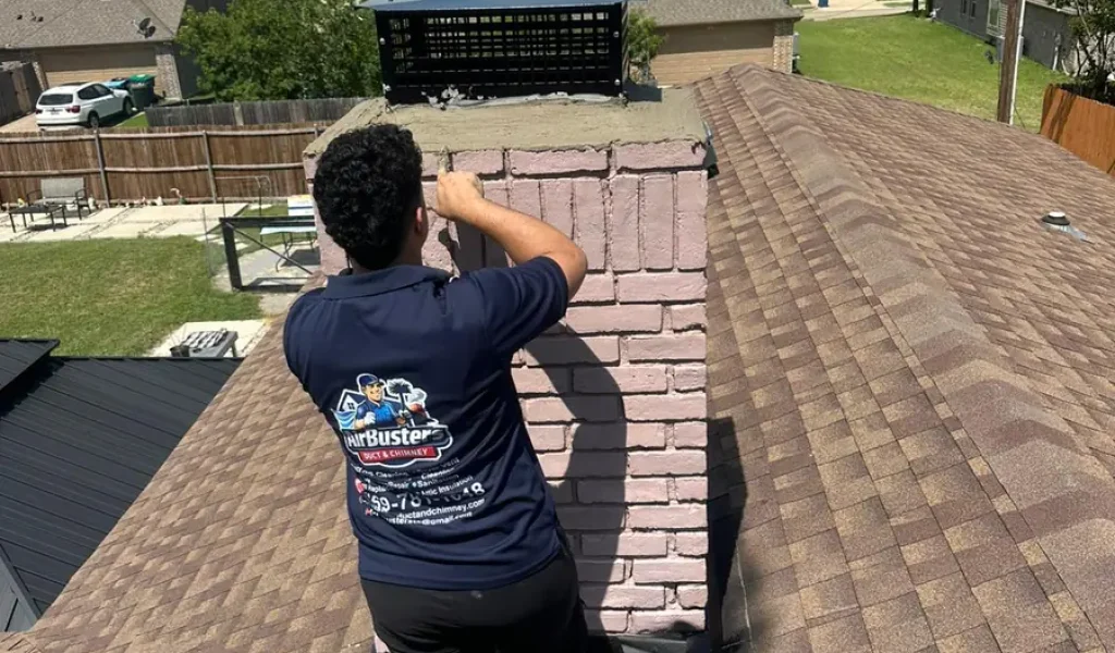 Air Busters technician repairing a brick chimney on a rooftop in the DFW area