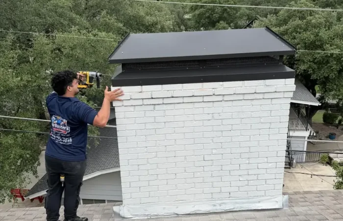 Air Busters technician performing a rooftop chimney sweep in the DFW area