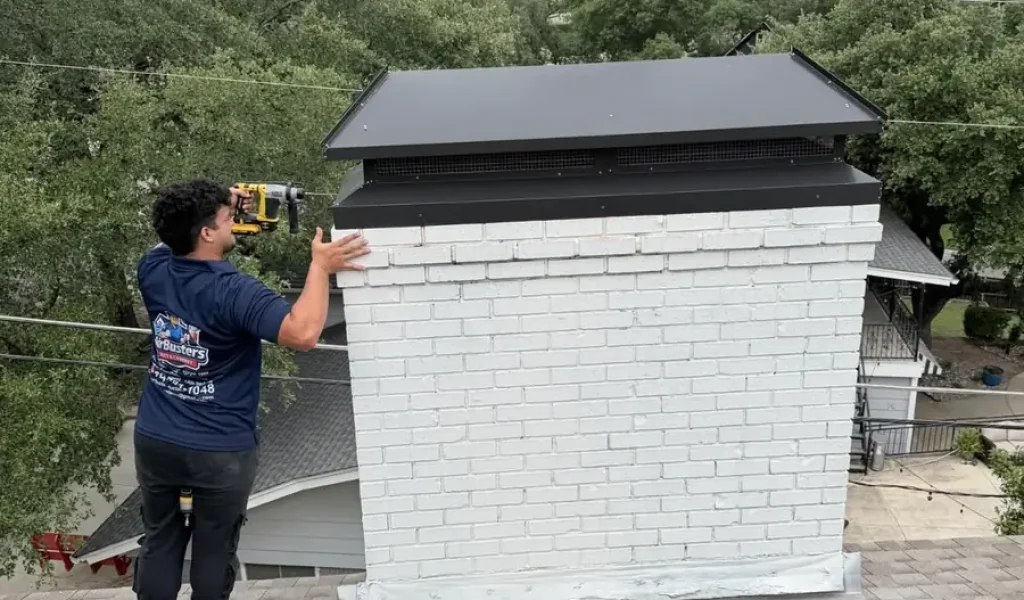 Air Busters technician performing a rooftop chimney sweep in the DFW area